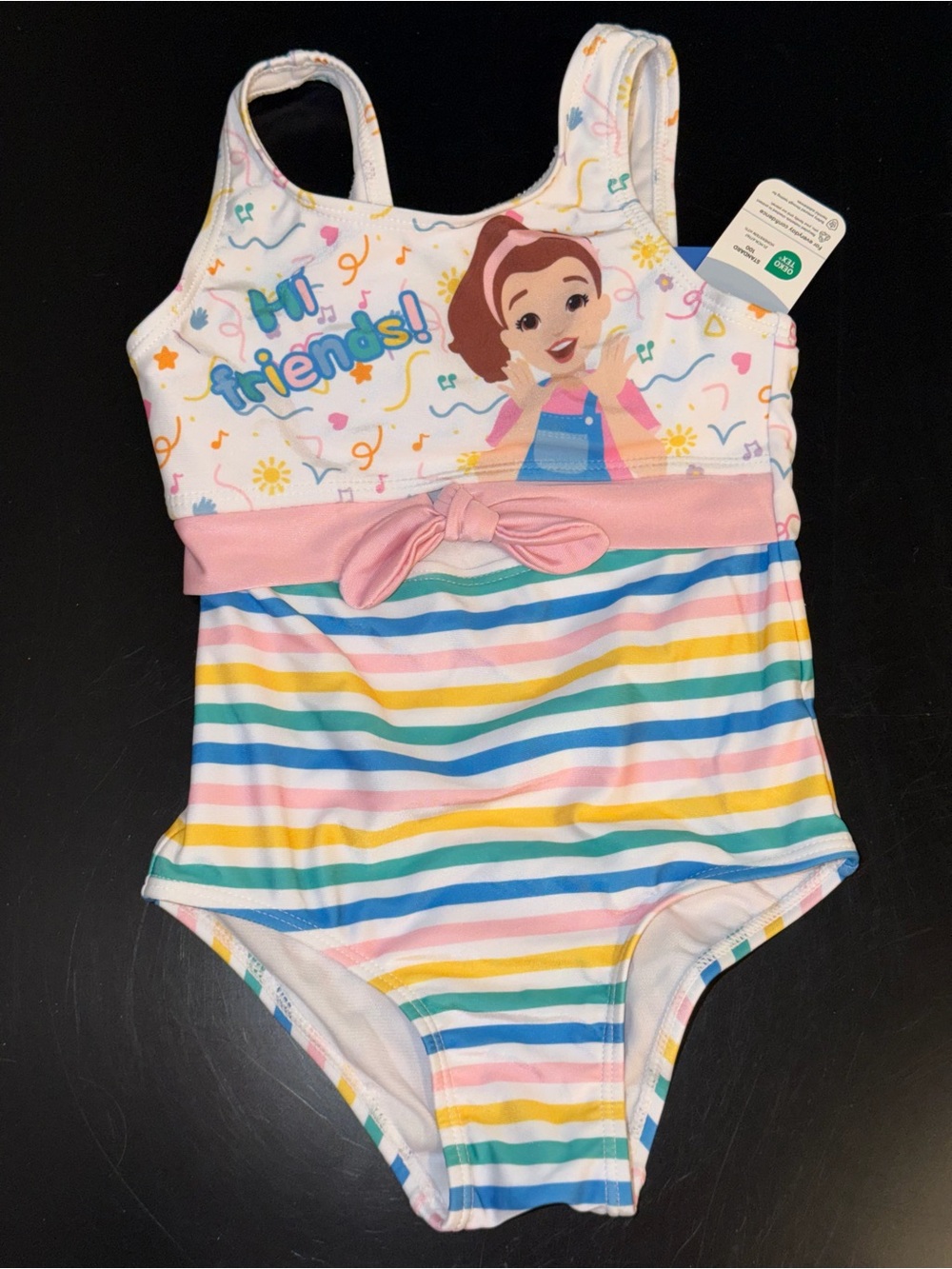 Toddlers Ms. Rachel One-Piece Swimsuit with Pink Bow and Multicolor Stripes